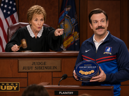 "A dramatic courtroom scene in the style of a live-television broadcast. On the elevated judge's bench, a realistic Judge Judy is wearing her sharp black judicial robe and white lace collar. She has a stern, intensely skeptical expression, pointing her finger forward authoritatively while slamming her wooden gavel down. Standing at the podium below is Ted Lasso, looking slightly confused but offering a warm, overly optimistic, folksy smile. He is wearing his classic blue AFC Richmond track jacket and sporting his signature thick moustache, holding a blue shortbread biscuit tin as an 'exhibit'. Bright television studio lighting, dramatic daytime court show atmosphere."