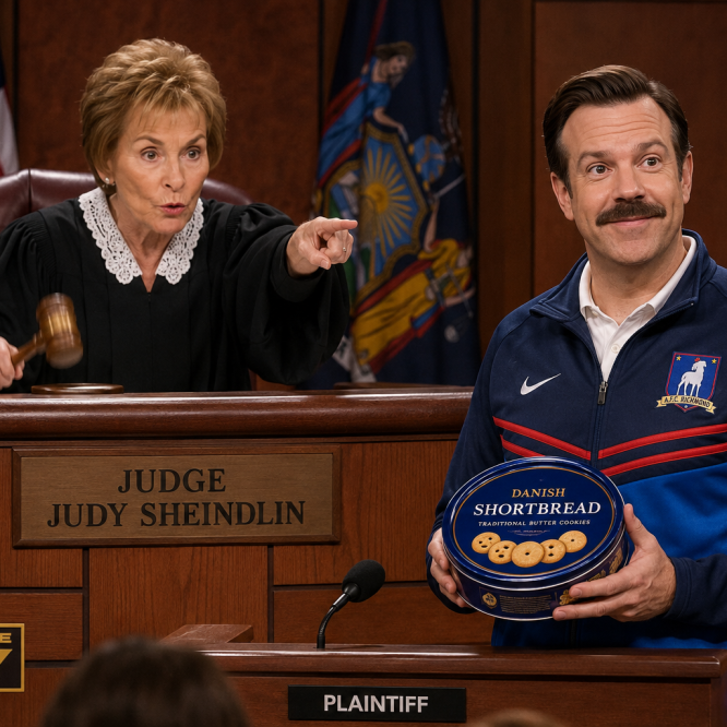 "A dramatic courtroom scene in the style of a live-television broadcast. On the elevated judge's bench, a realistic Judge Judy is wearing her sharp black judicial robe and white lace collar. She has a stern, intensely skeptical expression, pointing her finger forward authoritatively while slamming her wooden gavel down. Standing at the podium below is Ted Lasso, looking slightly confused but offering a warm, overly optimistic, folksy smile. He is wearing his classic blue AFC Richmond track jacket and sporting his signature thick moustache, holding a blue shortbread biscuit tin as an 'exhibit'. Bright television studio lighting, dramatic daytime court show atmosphere."