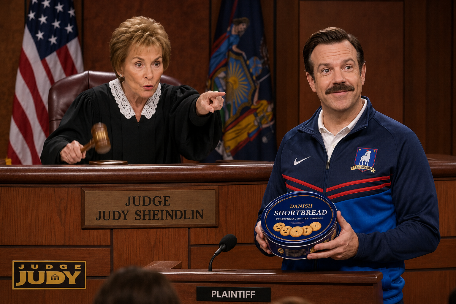 "A dramatic courtroom scene in the style of a live-television broadcast. On the elevated judge's bench, a realistic Judge Judy is wearing her sharp black judicial robe and white lace collar. She has a stern, intensely skeptical expression, pointing her finger forward authoritatively while slamming her wooden gavel down. Standing at the podium below is Ted Lasso, looking slightly confused but offering a warm, overly optimistic, folksy smile. He is wearing his classic blue AFC Richmond track jacket and sporting his signature thick moustache, holding a blue shortbread biscuit tin as an 'exhibit'. Bright television studio lighting, dramatic daytime court show atmosphere."